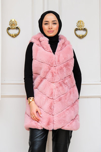 Kapüşonlu Peluş Kürk Yelek Pudra