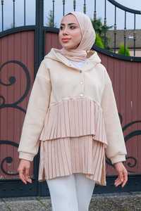 Kapüşonlu Pile Detay Sweat Krem