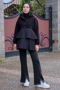 Kapüşonlu Pile Detay Sweat Siyah