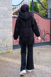 Kapüşonlu Pile Detay Sweat Siyah