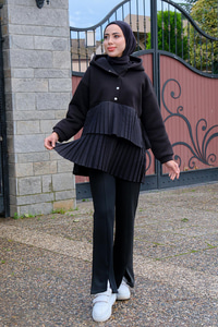 Kapüşonlu Pile Detay Sweat Siyah