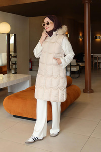 Kapüşonlu Şişme Yelek Krem