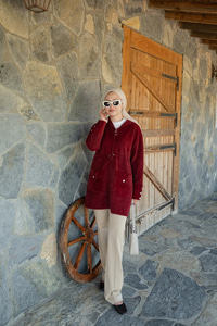 Kapüşonlu Triko Ceket Bordo