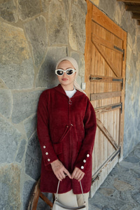 Kapüşonlu Triko Ceket Bordo