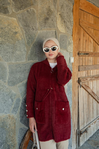 Kapüşonlu Triko Ceket Bordo