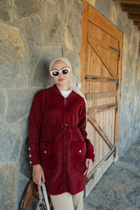 Kapüşonlu Triko Ceket Bordo