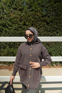 Kapüşonlu Triko Ceket Füme