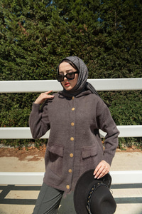 Kapüşonlu Triko Ceket Füme