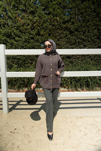 Kapüşonlu Triko Ceket Füme