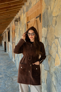 Kapüşonlu Triko Ceket Kahverengi