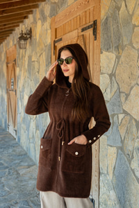 Kapüşonlu Triko Ceket Kahverengi