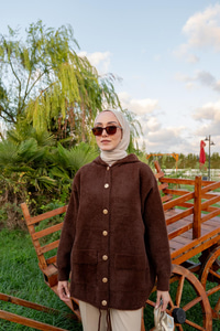 Kapüşonlu Triko Ceket Kahverengi