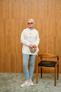 Kapüşonlu Triko Hırka Beyaz