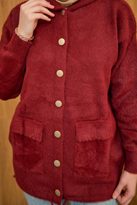 Kapüşonlu Triko Hırka Bordo