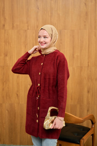 Kapüşonlu Triko Hırka Bordo