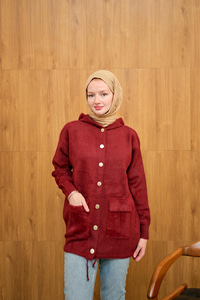 Kapüşonlu Triko Hırka Bordo