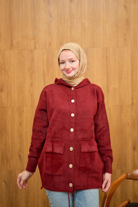 Kapüşonlu Triko Hırka Bordo