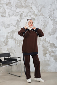 Kapüşonlu Üç Renk Cep Detay Beli Lastikli Regular Viskon Takım Kahverengi