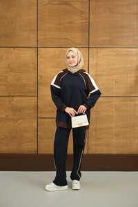 Kapüşonlu Üç Renk Cep Detay Beli Lastikli Regular Viskon Takım Lacivert