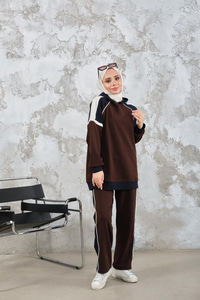 Kapüşonlu Üç Renk Cep Detay Beli Lastikli Regular Viskon Takım Kahverengi