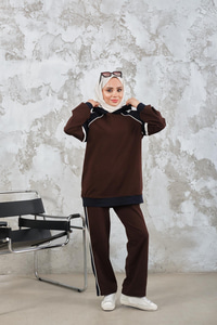 Kapüşonlu Üç Renk Cep Detay Beli Lastikli Regular Viskon Takım Kahverengi