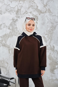 Kapüşonlu Üç Renk Cep Detay Beli Lastikli Regular Viskon Takım Kahverengi