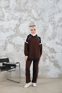 Kapüşonlu Üç Renk Cep Detay Beli Lastikli Regular Viskon Takım Kahverengi