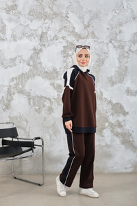 Kapüşonlu Üç Renk Cep Detay Beli Lastikli Regular Viskon Takım Kahverengi