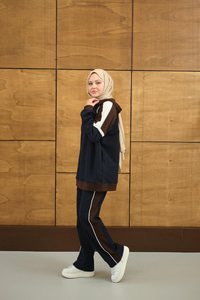 Kapüşonlu Üç Renk Cep Detay Beli Lastikli Regular Viskon Takım Lacivert