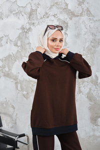 Kapüşonlu Üç Renk Cep Detay Beli Lastikli Regular Viskon Takım Kahverengi