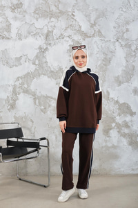 Kapüşonlu Üç Renk Cep Detay Beli Lastikli Regular Viskon Takım Kahverengi