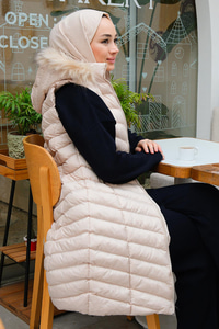 Kapüşonu Çıkarılabilir Cepli Şişme Yelek  Bej