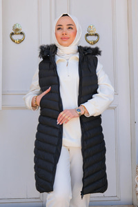 Kapüşonu Çıkarılabilir Cepli Şişme Yelek  Siyah