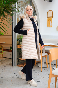 Kapüşonu Çıkarılabilir Cepli Şişme Yelek  Bej