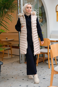 Kapüşonu Çıkarılabilir Cepli Şişme Yelek  Bej