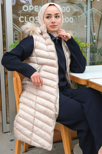 Kapüşonu Çıkarılabilir Cepli Şişme Yelek  Bej