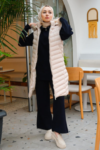 Kapüşonu Çıkarılabilir Cepli Şişme Yelek  Bej