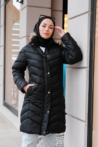 Kapüşonu Kürklü Şişme Mont Siyah