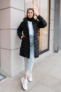 Kapüşonu Kürklü Şişme Mont Siyah