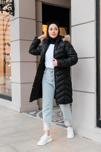 Kapüşonu Kürklü Şişme Mont Siyah