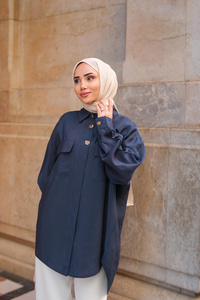 Kargo Cepli Oversize Gömlek Lacivert