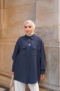 Kargo Cepli Oversize Gömlek Lacivert