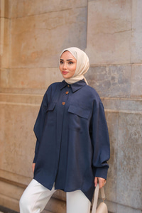 Kargo Cepli Oversize Gömlek Lacivert