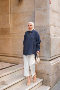 Kargo Cepli Oversize Gömlek Lacivert