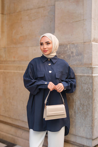 Kargo Cepli Oversize Gömlek Lacivert