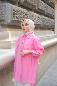 Kargo Cepli Oversize Gömlek Pembe