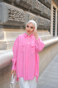 Kargo Cepli Oversize Gömlek Pembe