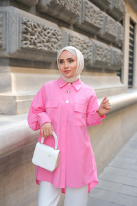 Kargo Cepli Oversize Gömlek Pembe