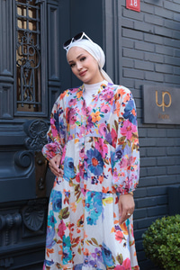 Karışık Çicek Desen Elbise Gül Kurusu