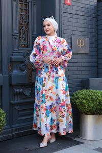 Karışık Çicek Desen Elbise Gül Kurusu